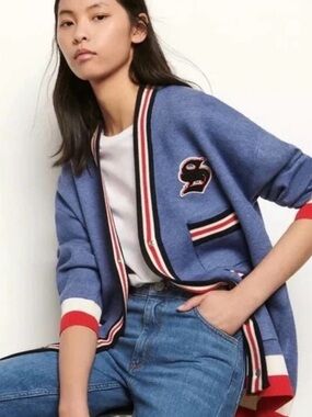 Sandro Ted Varsity Logo Stripe Oversized Snap Cardigan Sweater in Blue